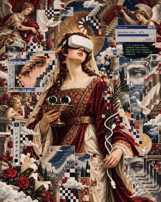 A surreal digital collage featuring a religious-style figure wearing a VR headset, holding a chalice with eyeballs, surrounded by classical art elements, Photoshop interface windows, and glitch effects.