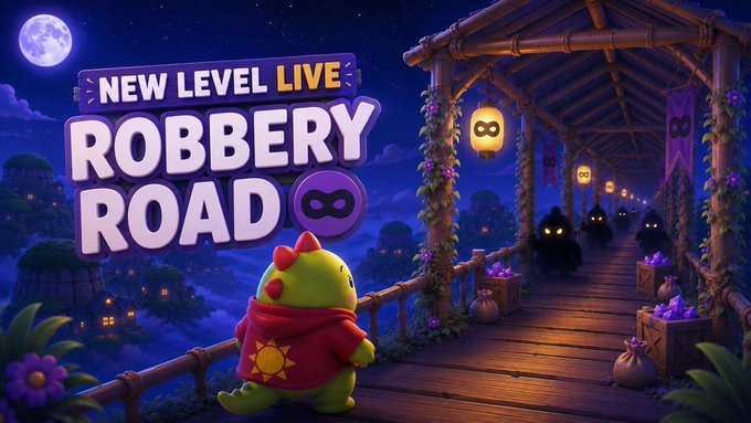 A 'NEW LEVEL LIVE - ROBBERY ROAD' game announcement featuring a small green dinosaur character in a red hooded cape standing on a wooden bridge under a full moon.