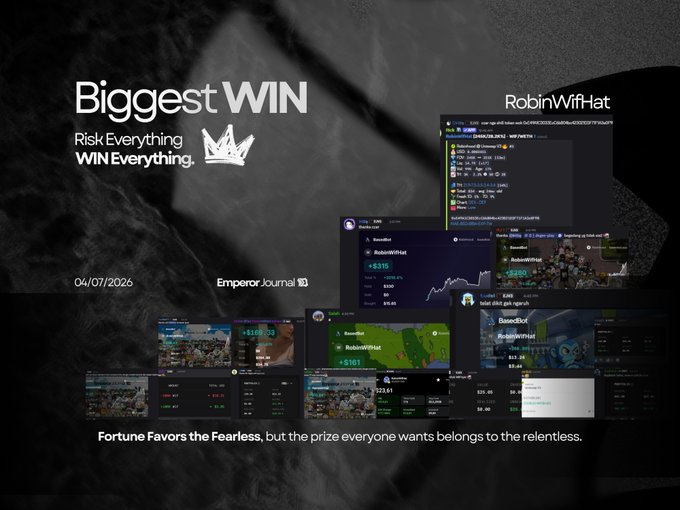 A promotional graphic reads 'Biggest WIN Risk Everything WIN Everything.' dated '04/07/2026' by 'Emperor Journal', featuring screenshots of the user 'RobinWifHat' with gains like '+$315' and '+$120' alongside the quote 'Fortune Favors the Fearless, but the prize everyone wants belongs to the relentless.'