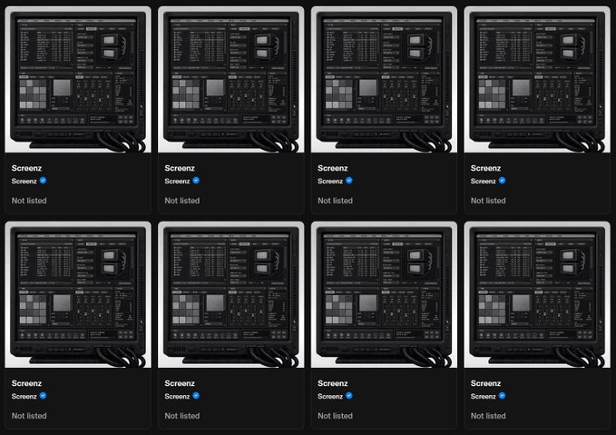 The image shows a grid of eight identical cards on what appears to be a digital dashboard, each featuring a photo of a vintage electronic device and labeled "Screenz" with blue verification checkmarks, also marked "Not listed." The repetition suggests this is a collection of NFT-style listings, fitting the post's announcement about a "Phase I" launch where the items look "neat in your wallet."