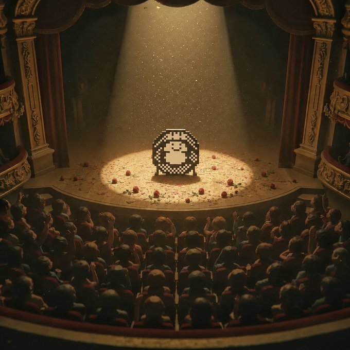 An artistic rendering shows an audience in a theater facing a spotlighted stage where a pixel-art character sits among scattered rose petals.