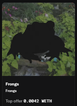 An NFT listing screenshot showing dark silhouetted figures on a tree branch with the text 'Frongs', 'Top offer 0.0042 WETH'.