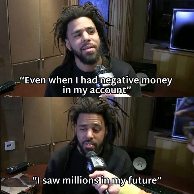 A man with dreadlocks speaks into a microphone in two frames, with captions reading 'Even when I had negative money in my account' and 'I saw millions in my future'.