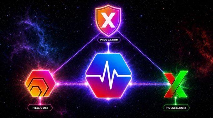 A cosmic-themed graphic showing three hexagonal logos connected by glowing lines: HEX.COM, PROVEX.COM (with a heart monitor pulse symbol), and PULSEX.COM against a nebula background.