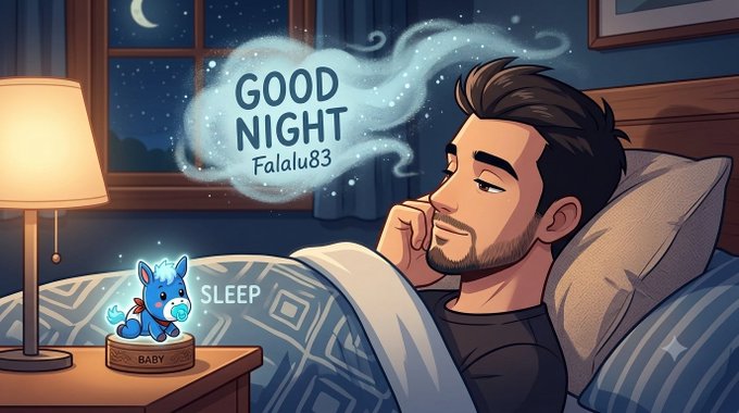 A cartoon illustration shows a man sleeping in bed with a 'GOOD NIGHT Falalu83' message and a small blue dragon figurine labeled 'SLEEP' and 'BABY' on the nightstand.