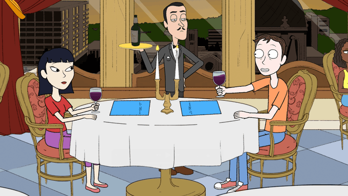Animated scene of two characters sitting at a restaurant table with a white tablecloth, while a maitre d' holding wine stands behind them and a lit candle sits in the center.