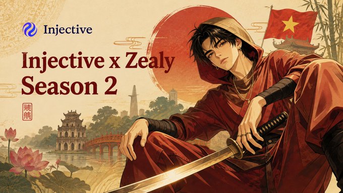 Promotional banner for 'Injective x Zealy Season 2' featuring an anime-style male character in red robes with a katana, set against an East Asian landscape with a red sun and the Vietnamese flag.