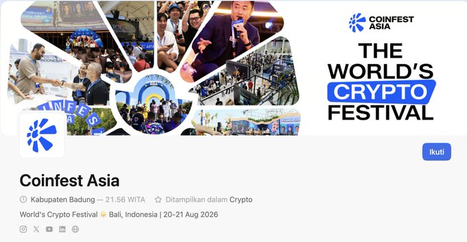 An event listing for "Coinfest Asia" dubbed "THE WORLD'S CRYPTO FESTIVAL," taking place in Kabupaten Badung, Bali, Indonesia from 20-21 Aug 2026.