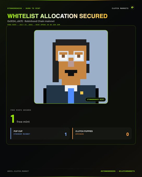 A digital interface from Clutch Markets confirming a 'Whitelist Allocation Secured' for Stonk Brokers mint #127, showing a pixel art character with glasses and 1 free mint for 'PUP CUP'.
