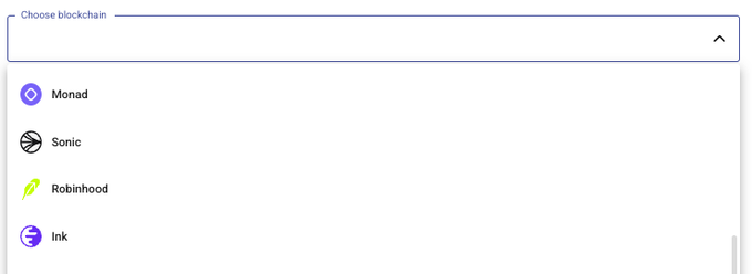 A dropdown menu labeled 'Choose blockchain' listing four options: Monad, Sonic, Robinhood, and Ink, each with their respective logos.