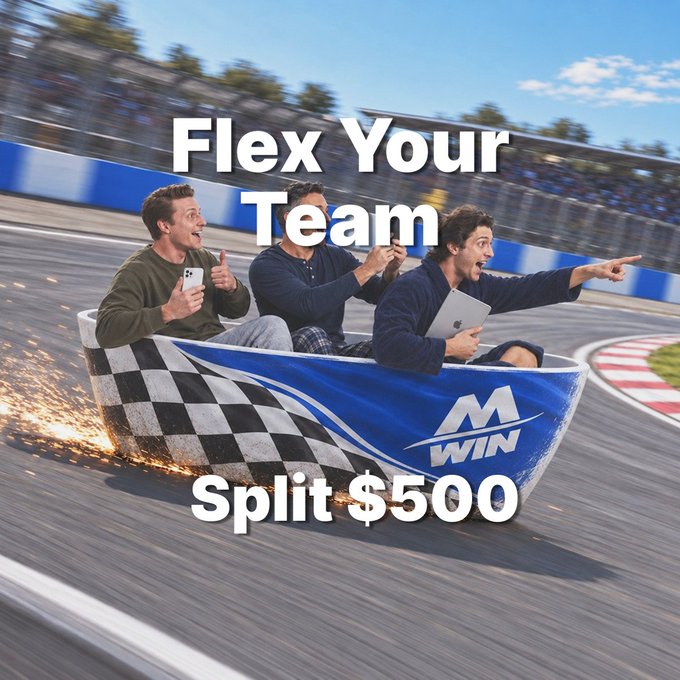 Three excited men ride inside a blue MEXC-branded bathtub racer (with checkered flag design) speeding around a track with sparks flying, overlaid with the text "Flex Your Team" and "Split $500." The image promotes a MEXC contest encouraging users to showcase their "MEXC Win" Infinity Arena team by following, reposting, and replying with their participation poster to split $500 USDT among 25 winners by September 8.