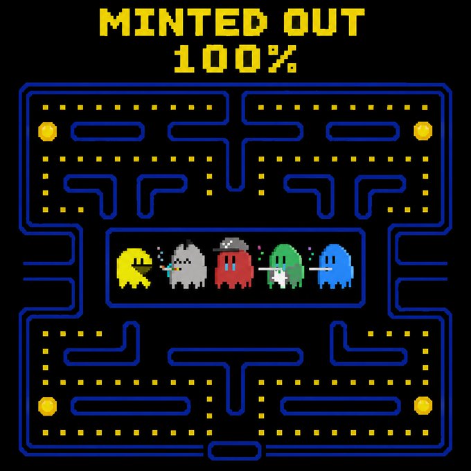 A retro Pac-Man style graphic with pixel art ghosts (including one wearing a hard hat) appears in the middle, with the text 'MINTED OUT 100%' displayed at the top in yellow.