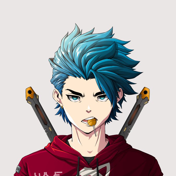An anime-style illustration of a young man with spiky blue hair, blue eyes, and a red hoodie, holding a lollipop in his mouth with two gun-like weapons strapped to his back.