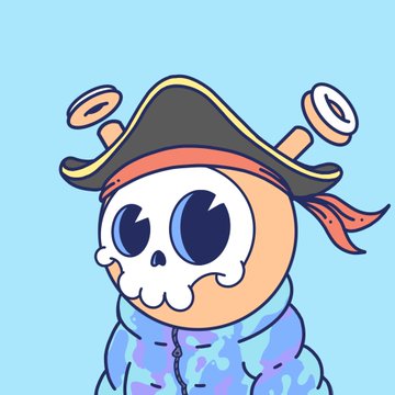 A cartoon character with a skull face wears a pirate hat with dumbbells attached and a blue camouflage hoodie against a light blue background.