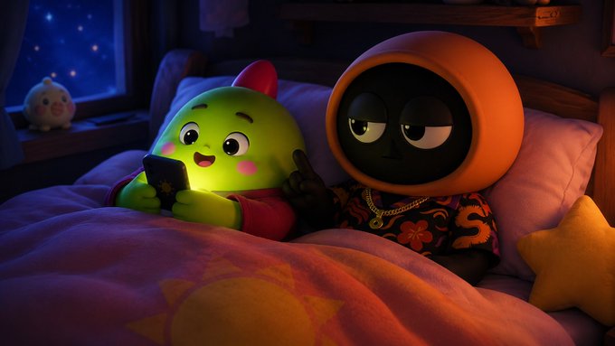 A small green dinosaur character and a hooded "Sleep Coach" character lie in bed together at night, with the dinosaur absorbed in a glowing smartphone while the sleepy coach urges it to put the device down—capturing the relatable bedtime struggle of choosing sleep over "one more scroll" that the post references.