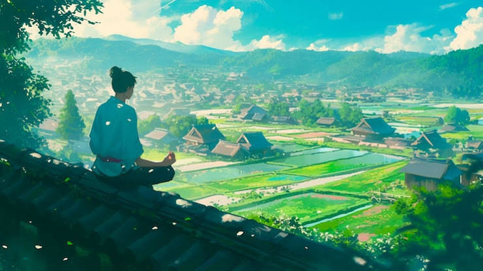 An anime-style illustration showing a person with their hair in a topknot sitting on a rooftop, gazing out over a vast landscape of green rice paddies, traditional thatched-roof houses, and distant mountains under a blue sky.