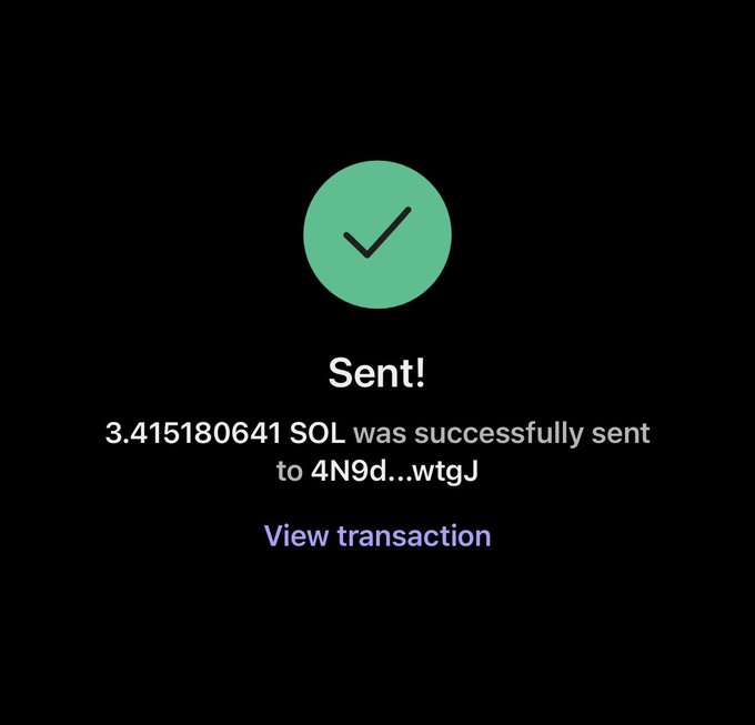 A confirmation screen showing a successful transfer of 3.415180641 SOL to address 4N9d...wtgJ, with a "View transaction" link. The image supports the post by demonstrating that the user has followed through on their promise to send Solana to those who drop their addresses.