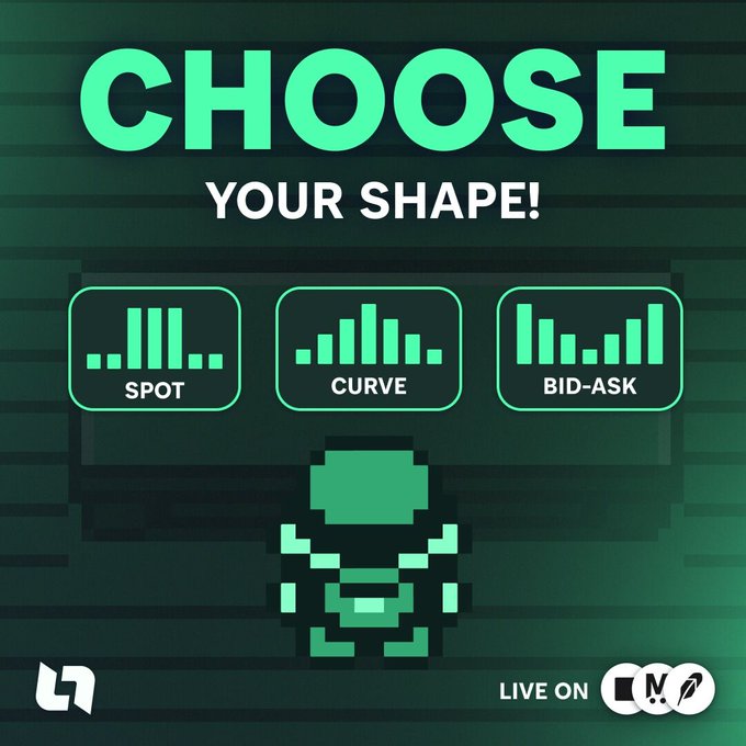 Promotional graphic with 'CHOOSE YOUR SHAPE!' text and three options: 'SPOT', 'CURVE', and 'BID-ASK', featuring a pixel art character and 'LIVE ON' text with platform logos.