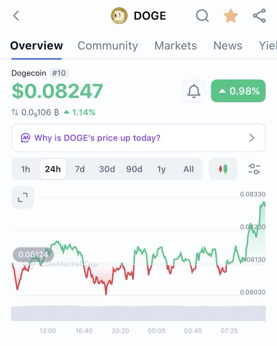 A CoinMarketCap screenshot showing the DOGE (Dogecoin) cryptocurrency overview with a current price of $0.08247, up 0.98%, displaying a 24-hour price chart.