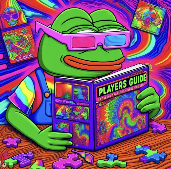 A vibrant, psychedelic illustration depicts a green Pepe the Frog wearing 3D glasses and reading a book titled 'PLAYERS GUIDE', surrounded by colorful patterns and puzzle pieces.