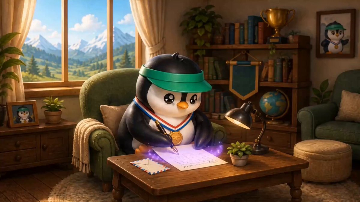 The image features a cartoon penguin sitting at a table, writing a letter with a pen. The penguin has a medal around its neck and appears to be wearing a hat. In front of the penguin are two potted plants, one on each side of the table. There is also a chair visible in the scene.