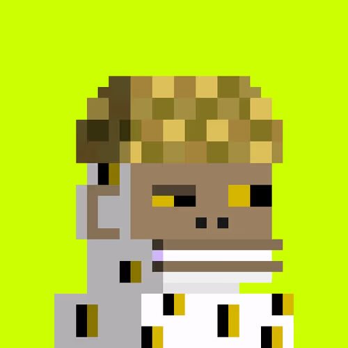 A pixel art illustration of a character with brown skin, yellow pixelated eyes, and a gold crown-like headpiece, wearing a white outfit against a bright green background.