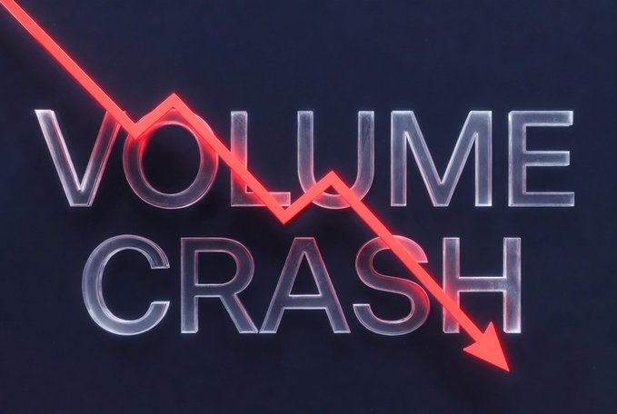A stylized 3D graphic displays the words 'VOLUME CRASH' with a glowing red downward arrow piercing through the text against a dark blue background.