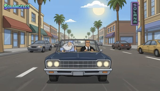 A cartoon-style image shows two figures—one resembling a wizard with a long white beard and pointy hat, and another in a suit—riding in a black convertible down a sunny palm tree-lined Los Angeles street. The "SOLANGELES" text in the corner and the suited character driving tie into the "$WIZARD" crypto meme, humorously portraying the "Wen Smoking $WIZARD full port?" post as a casual cruise through the city.