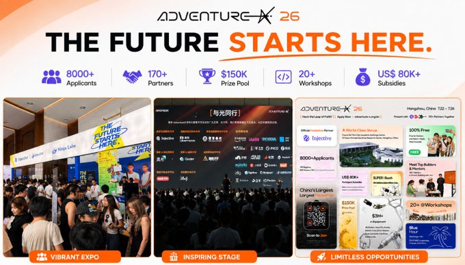 An Adventure X 26 event promotional graphic advertises 'THE FUTURE STARTS HERE' with stats showing 8000+ applicants, 170+ partners, $150K prize pool, 20+ workshops, and US$ 80K+ subsidies, featuring photos from a vibrant expo.