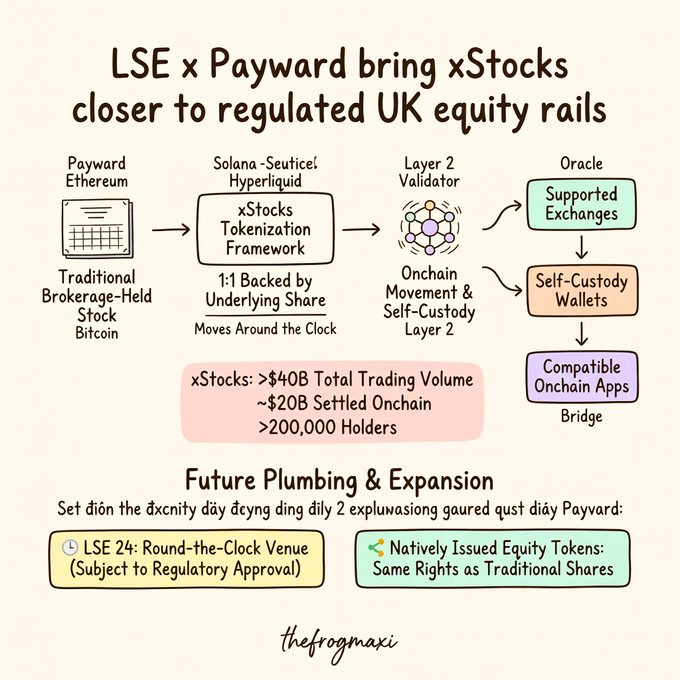 Infographic titled 'LSE x Payward bring xStocks closer to regulated UK equity rails' illustrating the xStocks tokenization framework flow from Payward Ethereum and Traditional Brokerage-Held Stock Bitcoin through Solana-Seuticl Hyperliquid and Layer 2 Validator, noting >$40B total trading volume and >200,000 holders, with future plans for LSE 24 round-the-clock venue and natively issued equity tokens.