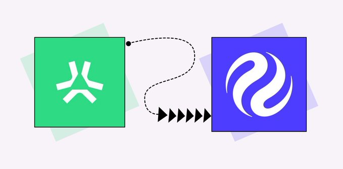 A graphic showing a flow from a green icon with the Jiajia character to a purple icon with a dragon logo.