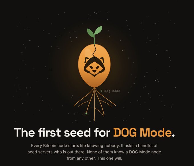 A digital illustration of an orange seed/potato-like figure with a dog face logo sprouting a green leaf, with text reading 'The first seed for DOG Mode' and describing how every Bitcoin node starts life by connecting to seed servers.