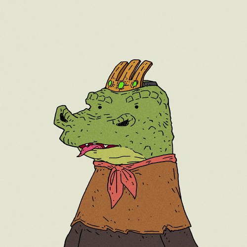 A cartoon illustration of a green crocodile wearing a brown vest and a small golden crown with green gems, against a cream background.