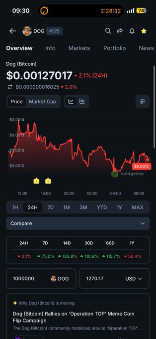 A CoinGecko mobile app screenshot showing DOG (Bitcoin) at $0.00127017, down 2.1% in 24 hours, with a price chart and news about a 'Operation TOP' meme coin flip campaign.