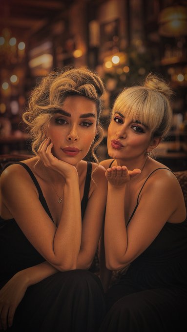 Two women posing closely together in a warmly lit bar or restaurant setting, both wearing black dresses, with one blowing a kiss toward the camera.