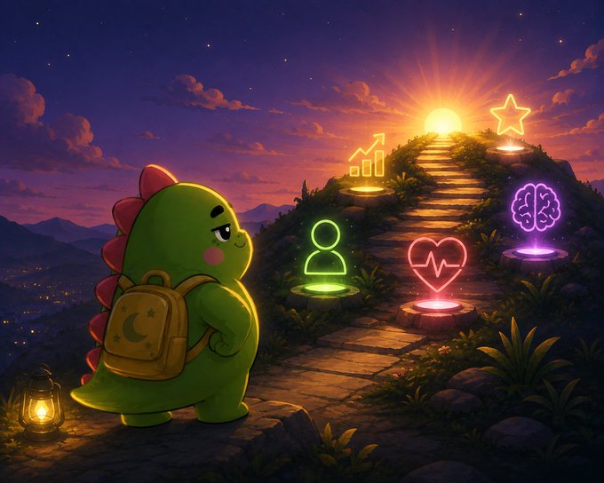 A digital illustration of a small green dinosaur wearing a backpack, standing at the bottom of a glowing mountain path at sunset, looking up at neon icons representing growth, health, and intelligence.