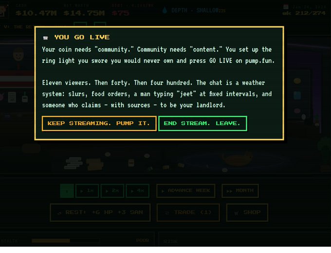 A retro video game screen titled 'YOU GO LIVE' describing a streaming scenario with choices to 'KEEP STREAMING. PUMP IT.' or 'END STREAM. LEAVE.'