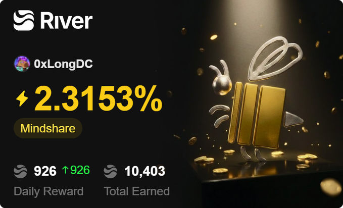 The image features a poster for a website called "River" with an illustration of a bee and gold coins. The poster also includes information about a rewards program that allows users to vote, stake, or contribute to the site's activities. The text on the poster emphasizes the importance of staying engaged in the platform by participating actively through voting, staking, or contributing.