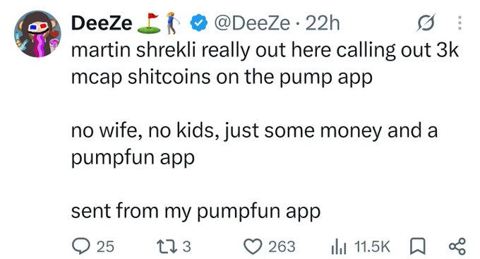 A tweet from user @DeeZe reading: 'martin shrekli really out here calling out 3k mcap shitcoins on the pump app / no wife, no kids, just some money and a pumpfun app / sent from my pumpfun app'.