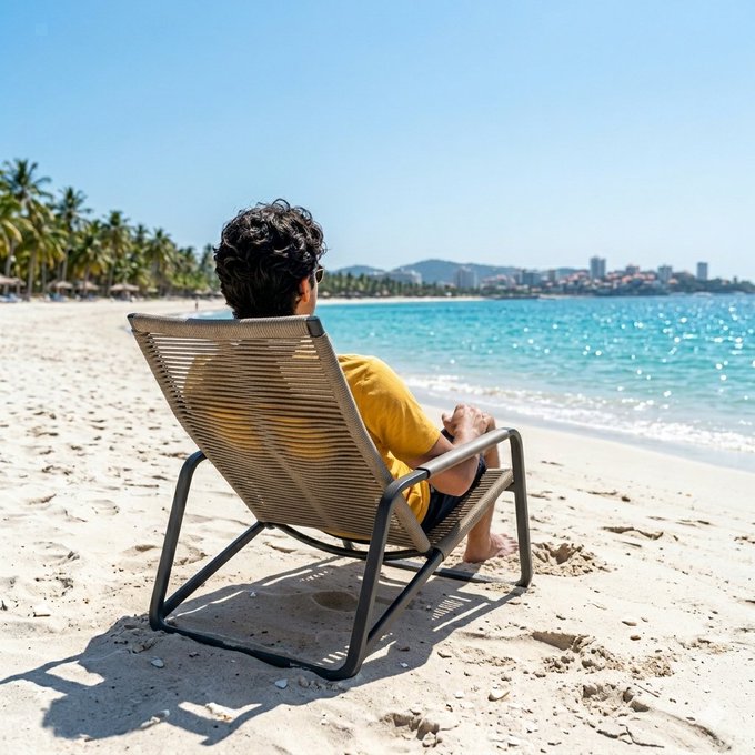 A person with curly hair wearing a yellow shirt relaxes on a beach chair, gazing out at a turquoise ocean with palm trees lining the shore.