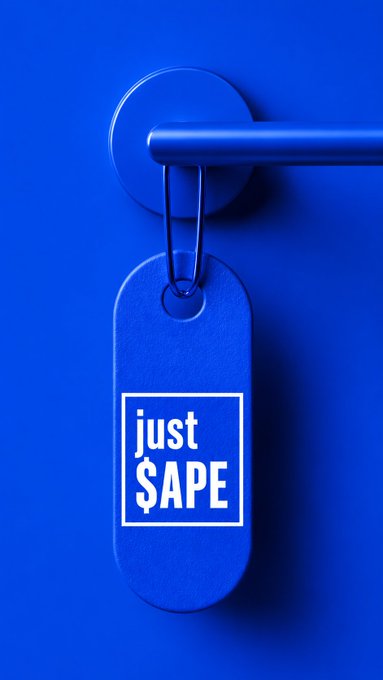 A blue clothing tag hanging from a metal rack displays the white text "just $APE" inside a square border, visually echoing the minimalist branding of the post. The monochromatic blue palette gives the product tag a sleek, premium look that aligns with the bold, punchy marketing message.