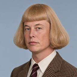 A portrait-style photo of a young man with a bowl-cut blonde hairstyle wearing a tweed jacket and tie against a blue background.