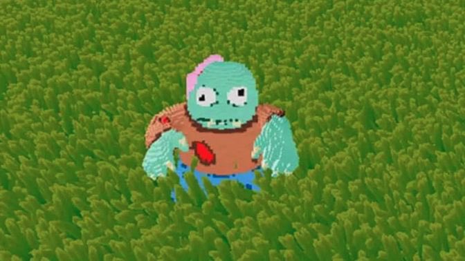 A pixelated 3D zombie-like character with green skin and a brown shirt stands in a low-poly green field.