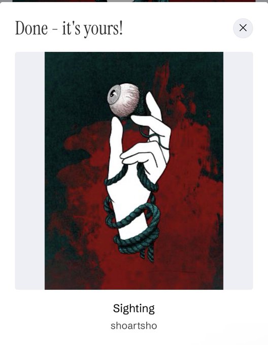 A digital art completion screen displays 'Done - it's yours!' above an illustration of a hand holding a disembodied eyeball with rope, titled 'Sighting' by user shoartsho.