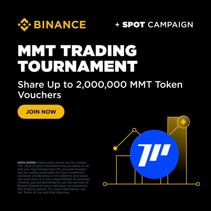 The image is a promotional banner for a Binance MMT Trading Tournament spot campaign, offering up to 2,000,000 MMT Token vouchers, featuring the Binance logo and a "JOIN NOW" button alongside a stylized 7up-themed chart graphic—tying into the post's call to action by encouraging traders to capitalize on the momentum and showcase their trading skills.