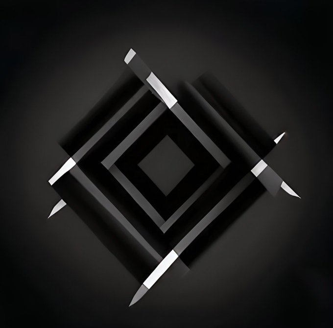 The image features a striking black and white design composed of multiple intersecting lines, creating an abstract pattern. The arrangement of these lines forms a diamond shape within the frame, with each line extending diagonally from the center towards the edges. The overall composition is visually intriguing due to its geometric precision and stark contrast between light and dark areas. This image seems to be part of a larger collection or series that showcases various artworks by Uli Art.