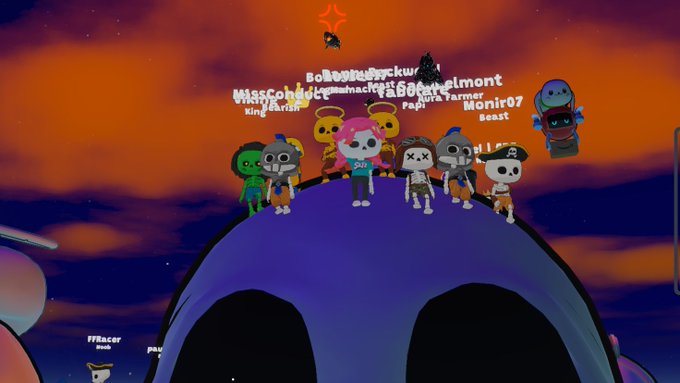 A group of cartoonish characters with usernames like 'MissGoh', 'S0cleverdelmont', and 'Monir07' gathered on a blue skull-shaped hill under a red star at sunset.