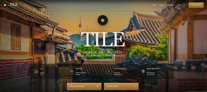 A website landing page for 'TILE' features traditional Korean architecture in the background with the tagline 'THE ROOF THAT PROTECTS THE COMMUNITY THAT BUILDS.'