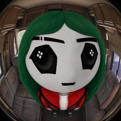 A distorted fisheye-lens filter applied to an image of an anime-style character with large black eyes, green hair, and a red outfit, standing inside what appears to be a van.