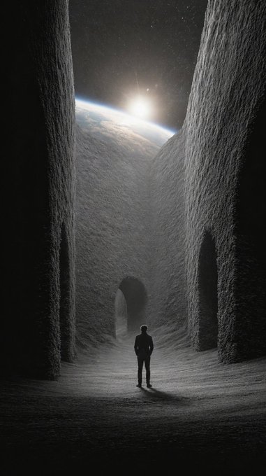 A surreal image of a silhouetted figure standing between towering walls looking toward Earth from space, with the sun rising on the horizon and stars visible above.
